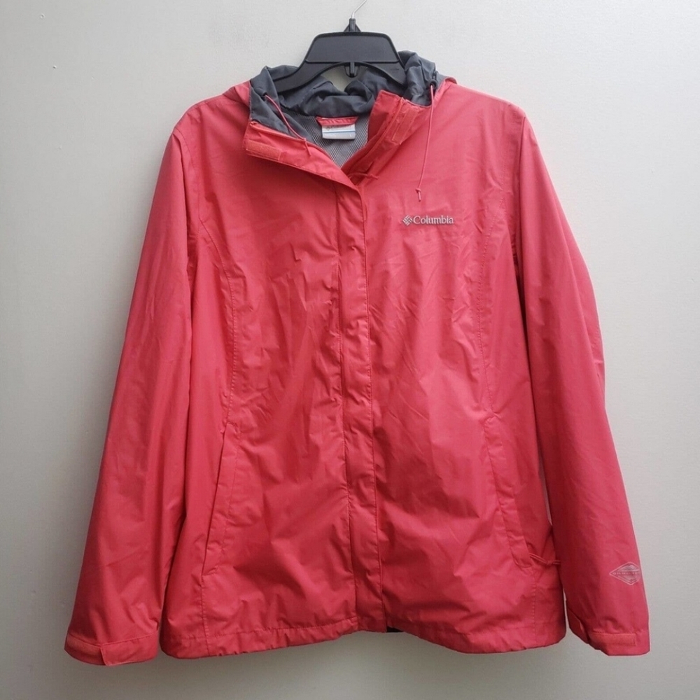 3/$24 🩷🧡 Columbia Rain Jacket Hood Omni Tech Large Pink Packable Quick Dry